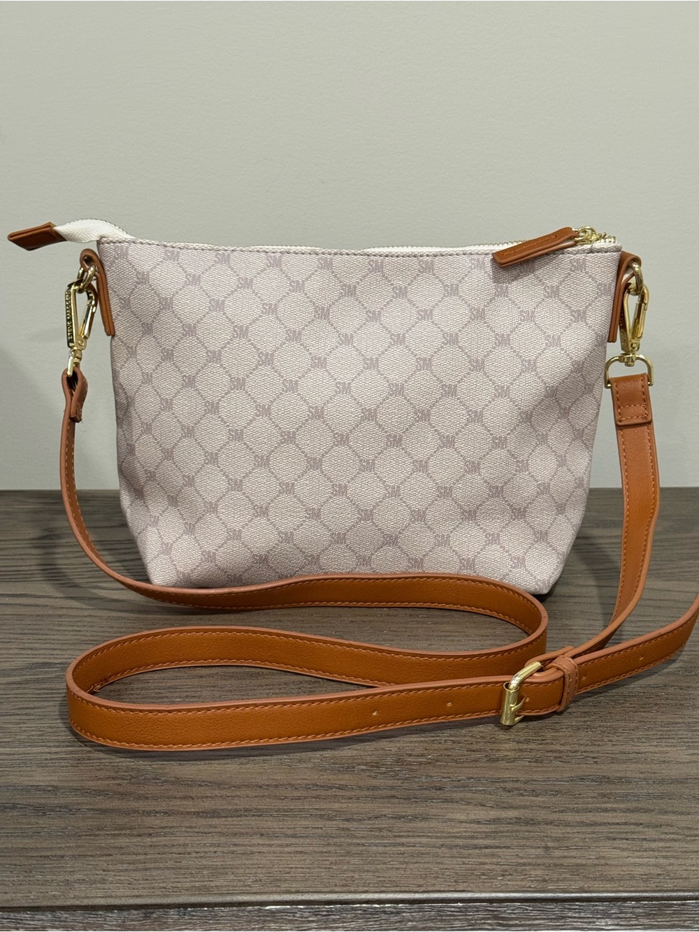 Steve Madden Monogram Logo Print Crossbody Bag Tan Cream Handbag